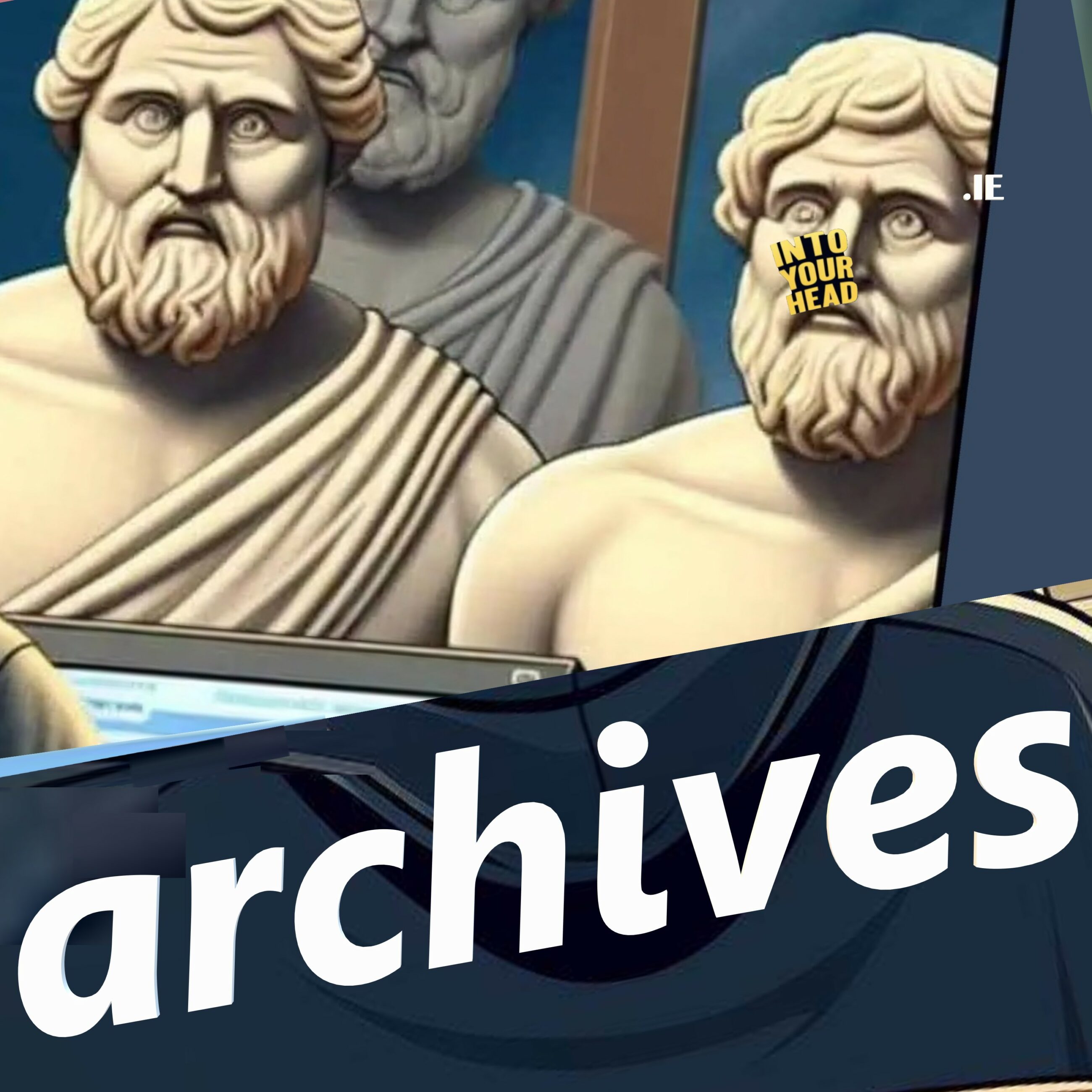 ARCHIVES. Cartoon image of ancient Greek philosophers in statue form looking  on disaprovingly.